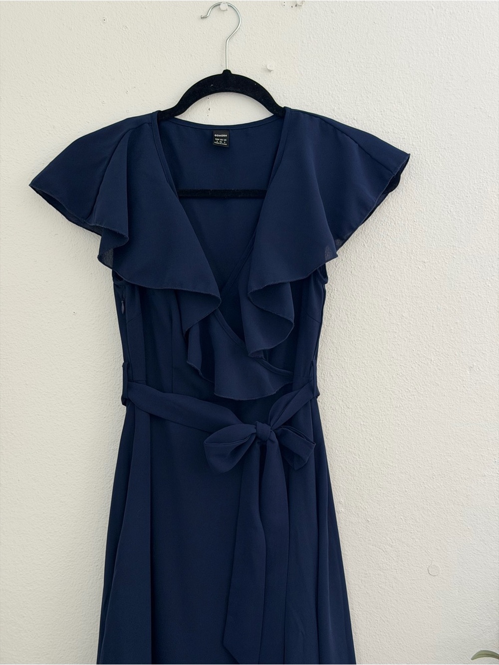 Women's Navy Ruffle High-Low Wrap Dress with Waist Tie